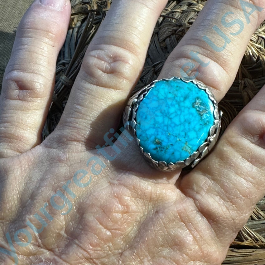 Rustic Vintage Navajo Sterling Silver Spider Web Turquoise Ring 10