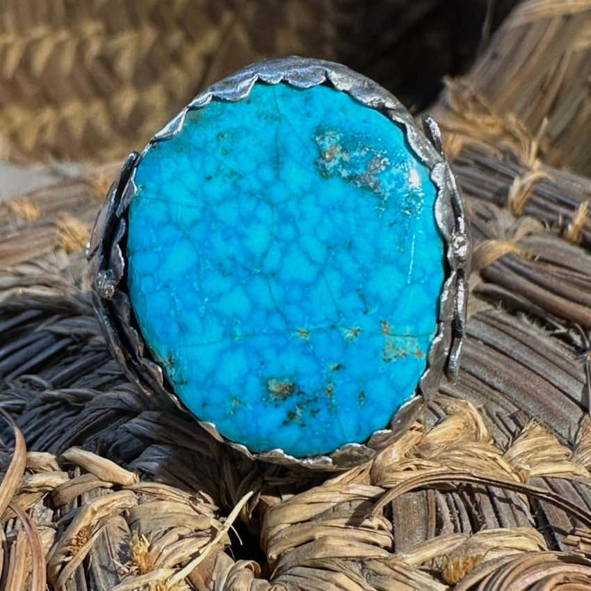 Rustic Vintage Navajo Sterling Silver Spider Web Turquoise Ring 10