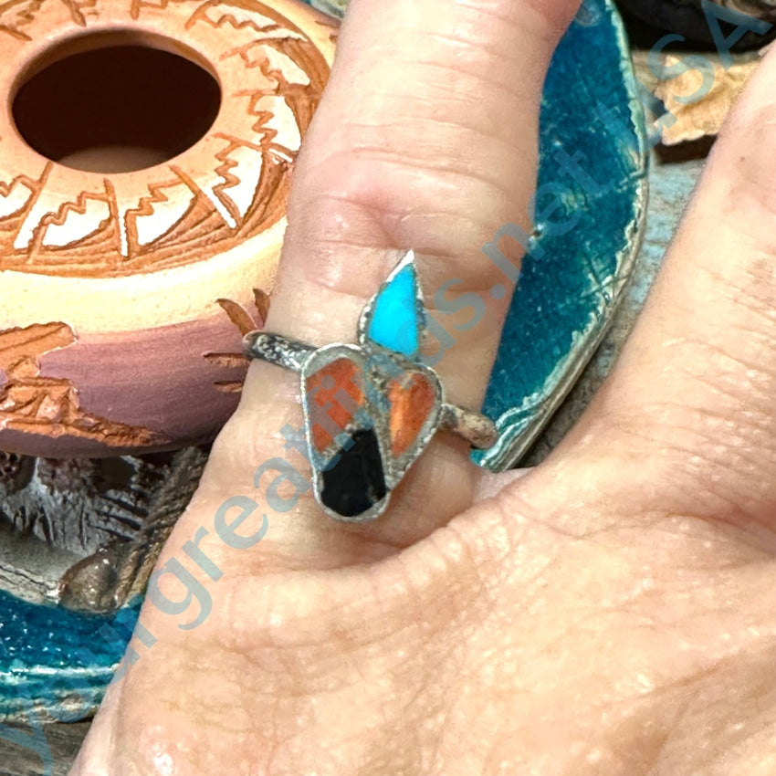 Rustic Vintage Navajo Sterling Silver Turquoise Inlay Ring Size 6
