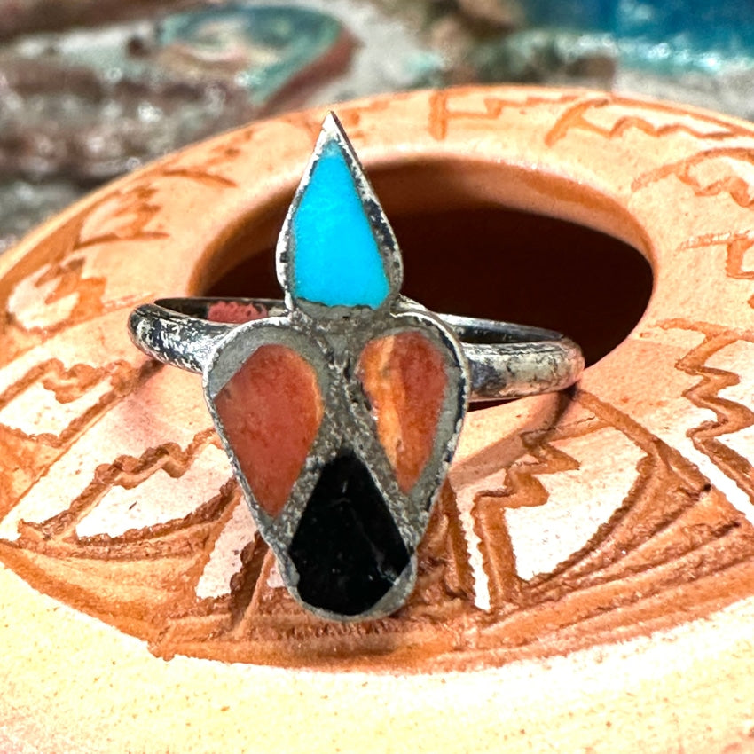 Rustic Vintage Navajo Sterling Silver Turquoise Inlay Ring Size 6