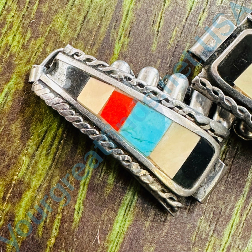 Rustic Vintage Sterling Silver Watchband Channel Inlay Turquoise