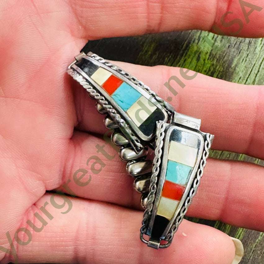 Rustic Vintage Sterling Silver Watchband Channel Inlay Turquoise