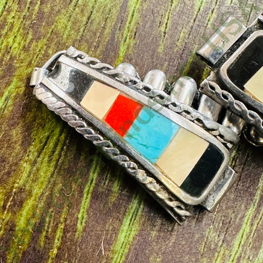 Rustic Vintage Sterling Silver Watchband Channel Inlay Turquoise