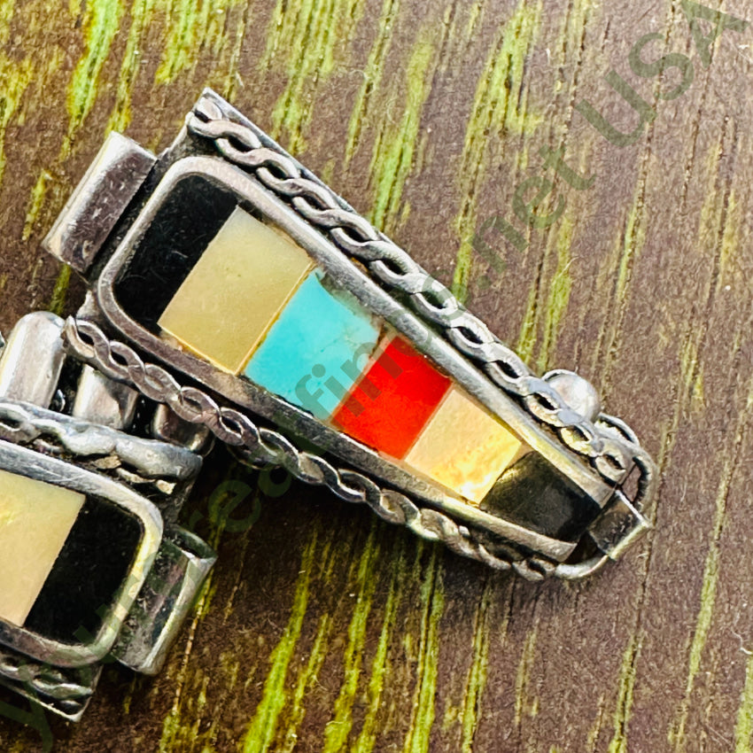 Rustic Vintage Sterling Silver Watchband Channel Inlay Turquoise