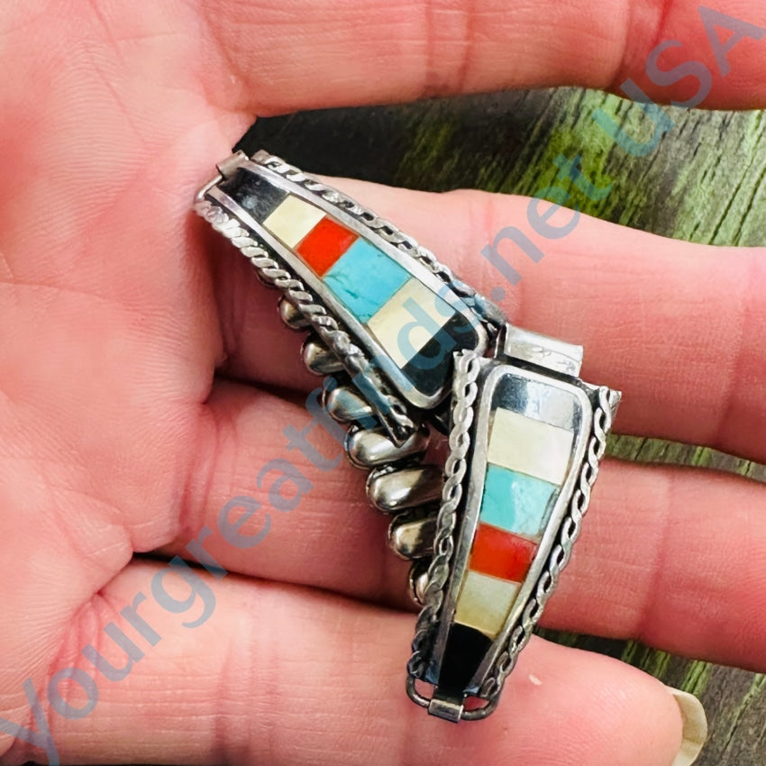 Rustic Vintage Sterling Silver Watchband Channel Inlay Turquoise