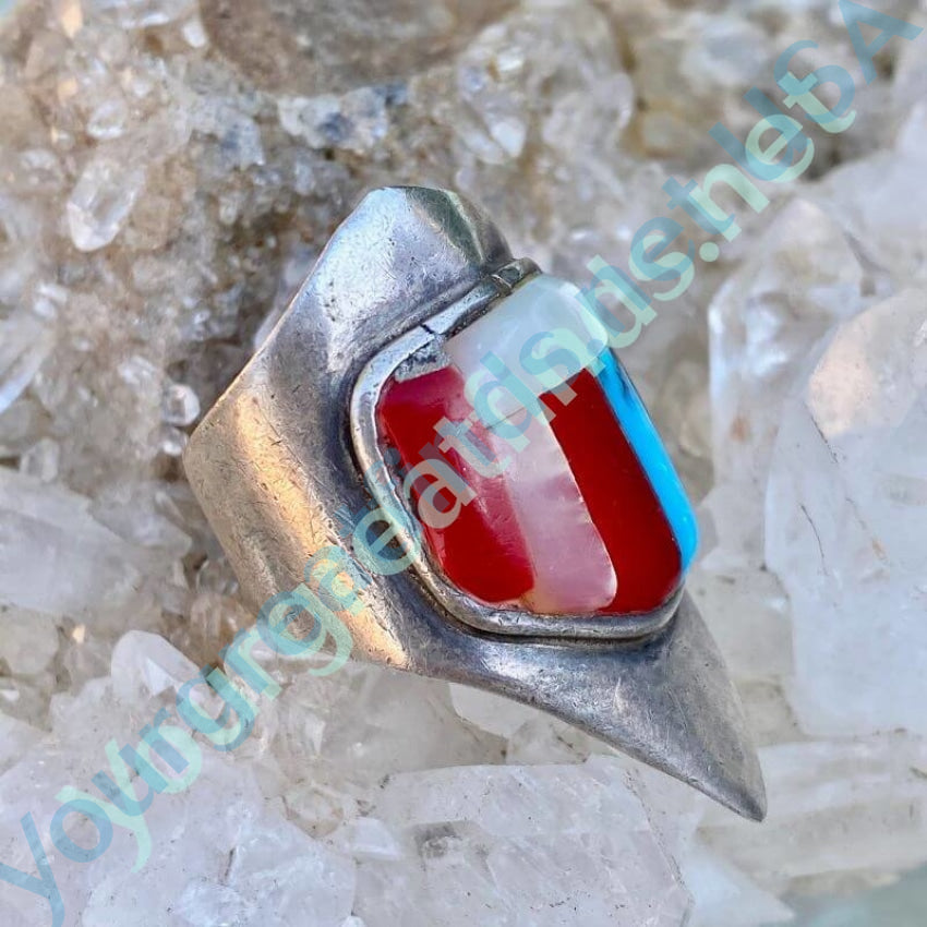 Sand Cast Gemstone Inlay Claw Ring Size 9 1/2 Sterling Silver Yourgreatfinds