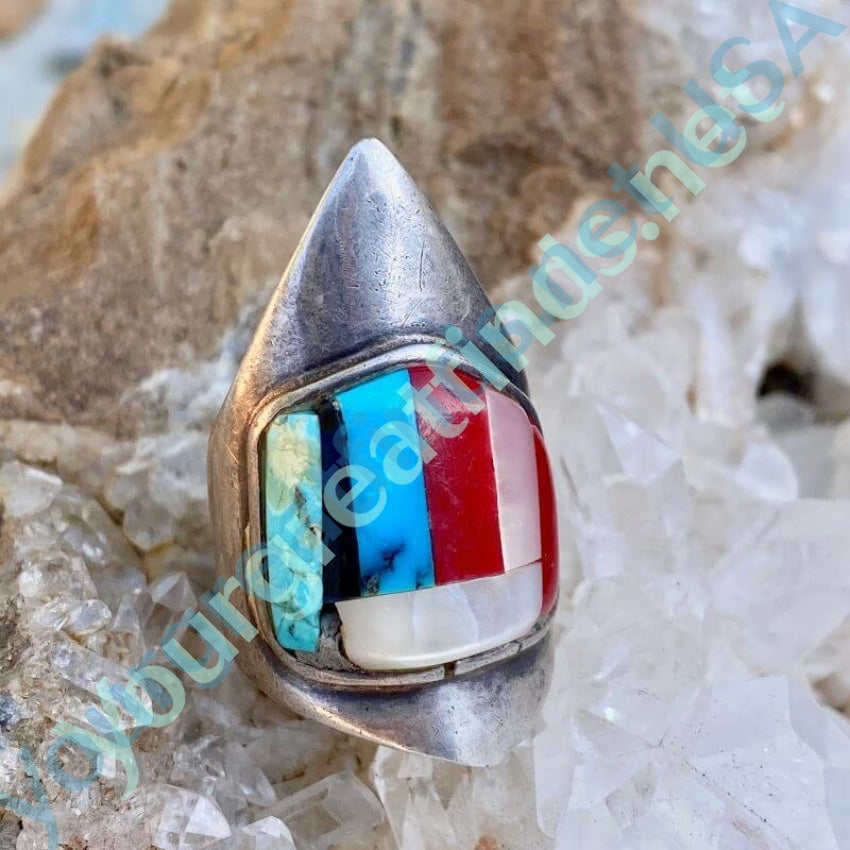 Sand Cast Gemstone Inlay Claw Ring Size 9 1/2 Sterling Silver Yourgreatfinds
