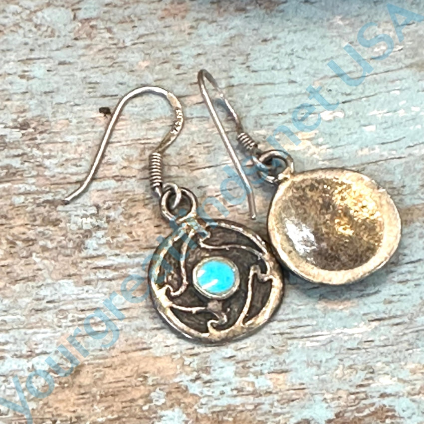 Sand Cast Sterling Silver Turquoise Inlay Pierced Earrings