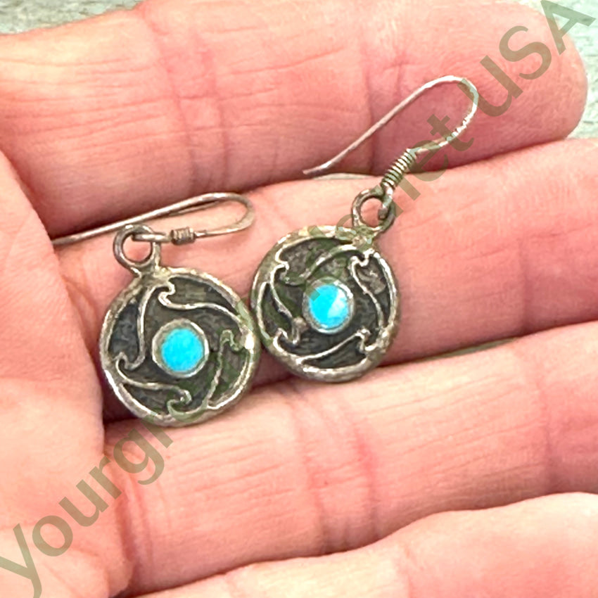 Sand Cast Sterling Silver Turquoise Inlay Pierced Earrings
