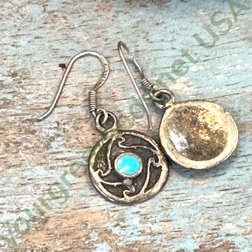 Sand Cast Sterling Silver Turquoise Inlay Pierced Earrings