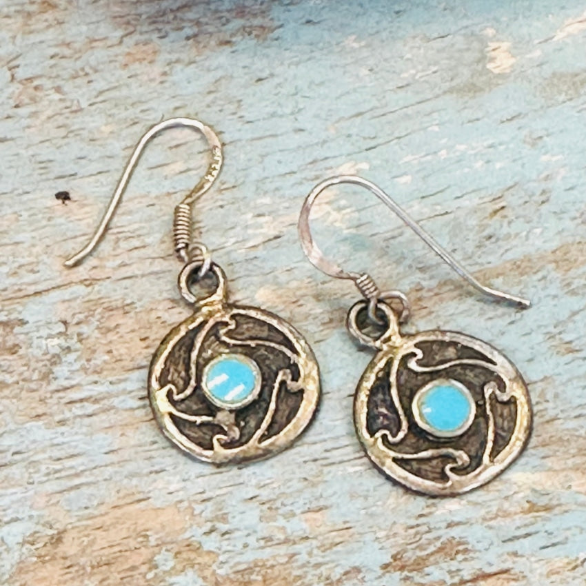 Sand Cast Sterling Silver Turquoise Inlay Pierced Earrings
