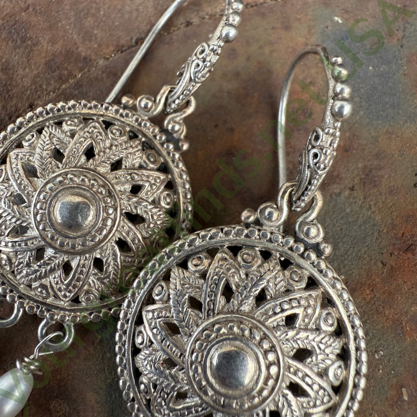 Sarda Sterling Silver Medallion Feather & Pearl Earrings earrings