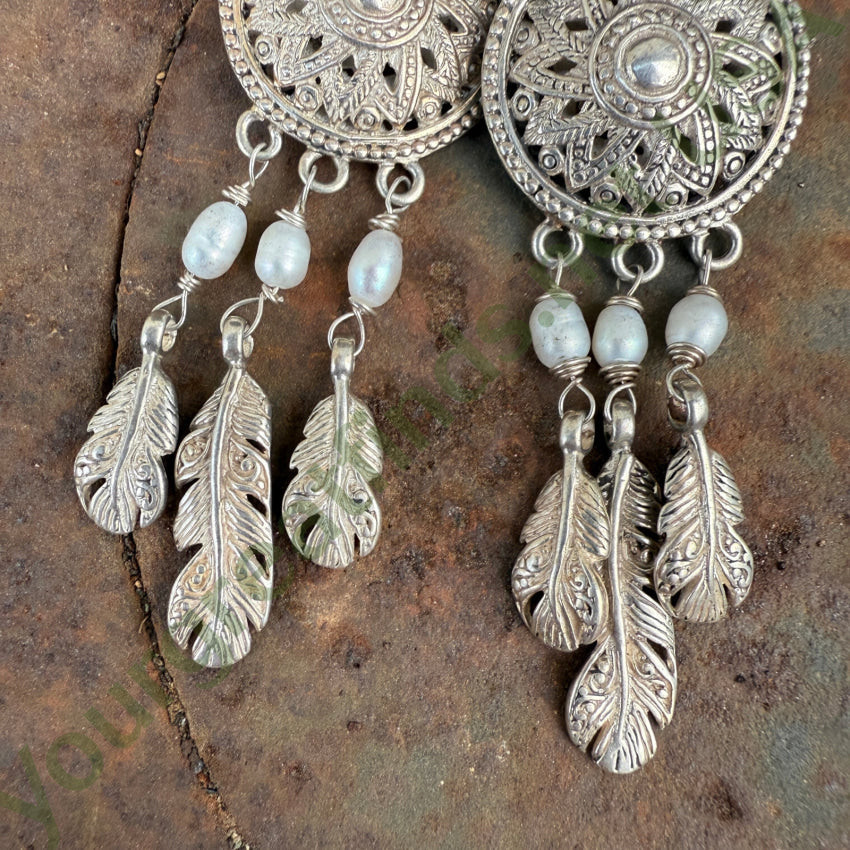 Sarda Sterling Silver Medallion Feather & Pearl Earrings earrings