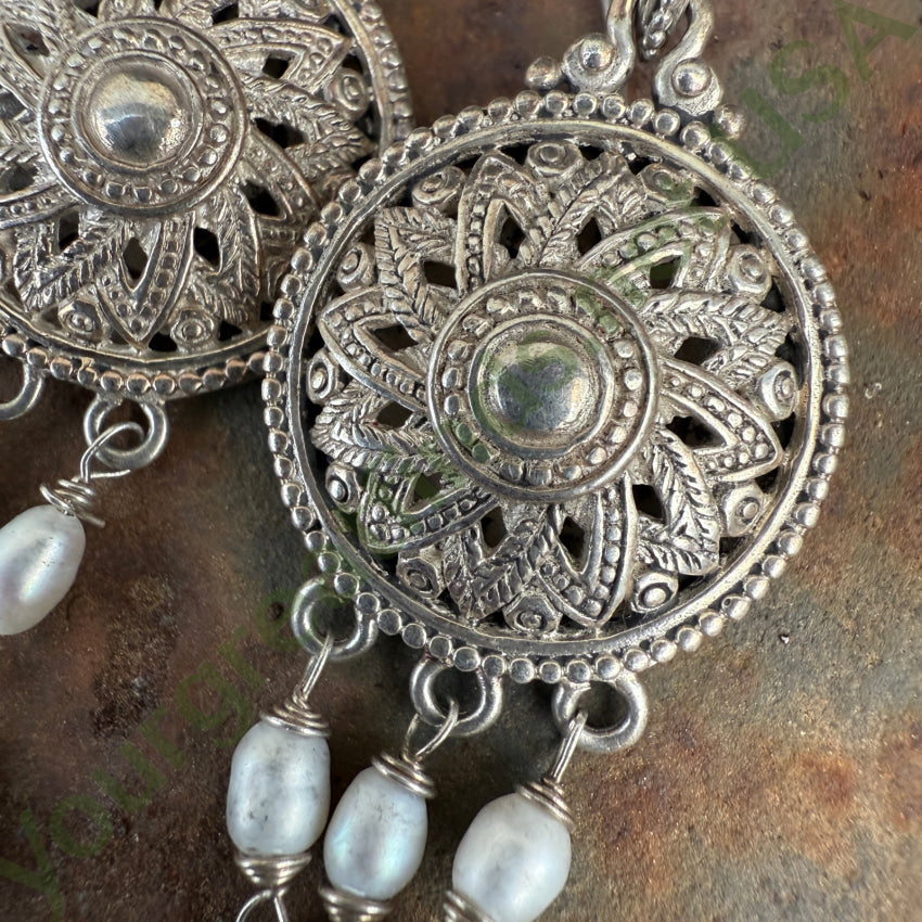 Sarda Sterling Silver Medallion Feather & Pearl Earrings earrings