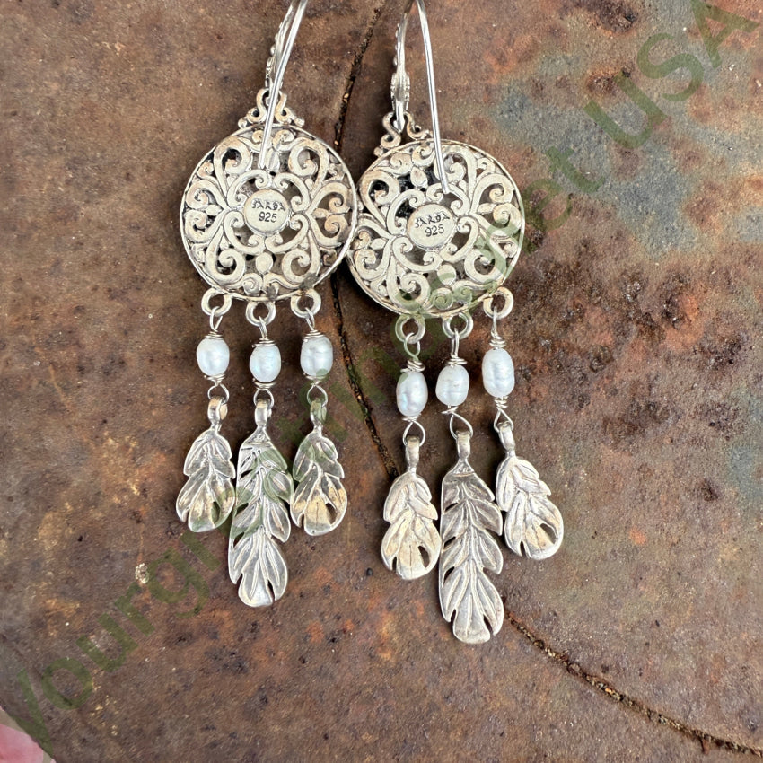 Sarda Sterling Silver Medallion Feather & Pearl Earrings earrings