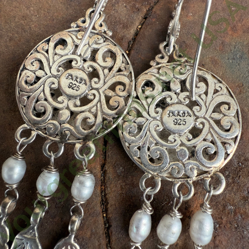 Sarda Sterling Silver Medallion Feather & Pearl Earrings earrings