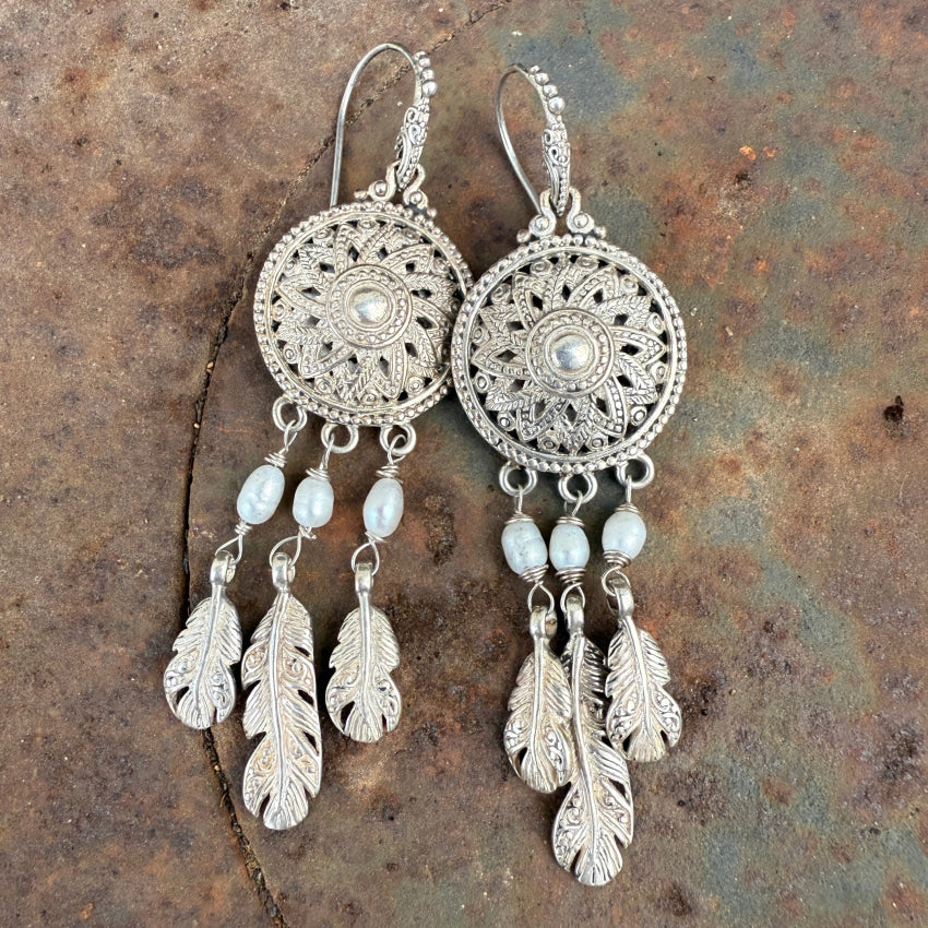 Sarda Sterling Silver Medallion Feather & Pearl Earrings earrings
