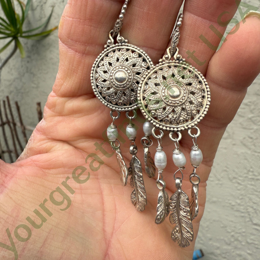 Sarda Sterling Silver Medallion Feather & Pearl Earrings earrings