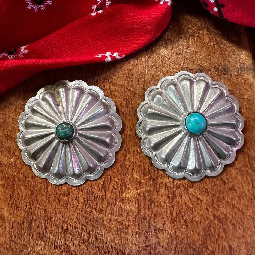 Set Of 2 Navajo Sterling Silver & Turquoise Concho Clothing Buttons