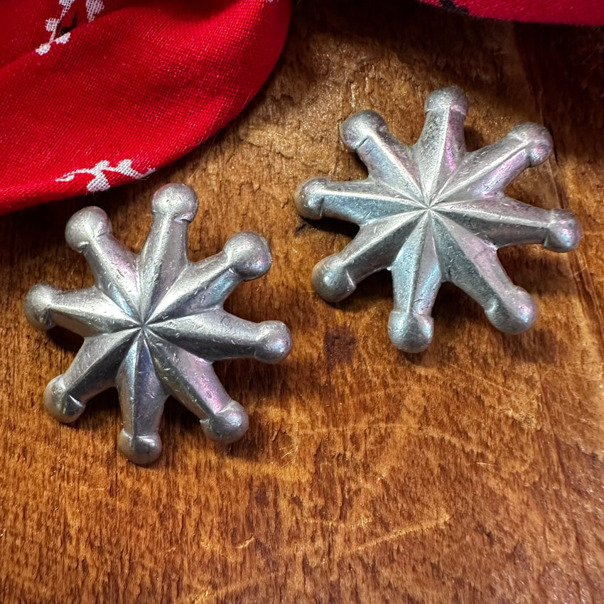 Set Of 2 Navajo Tufa Stone Cast Sterling Silver Star Concho Clothing Buttons