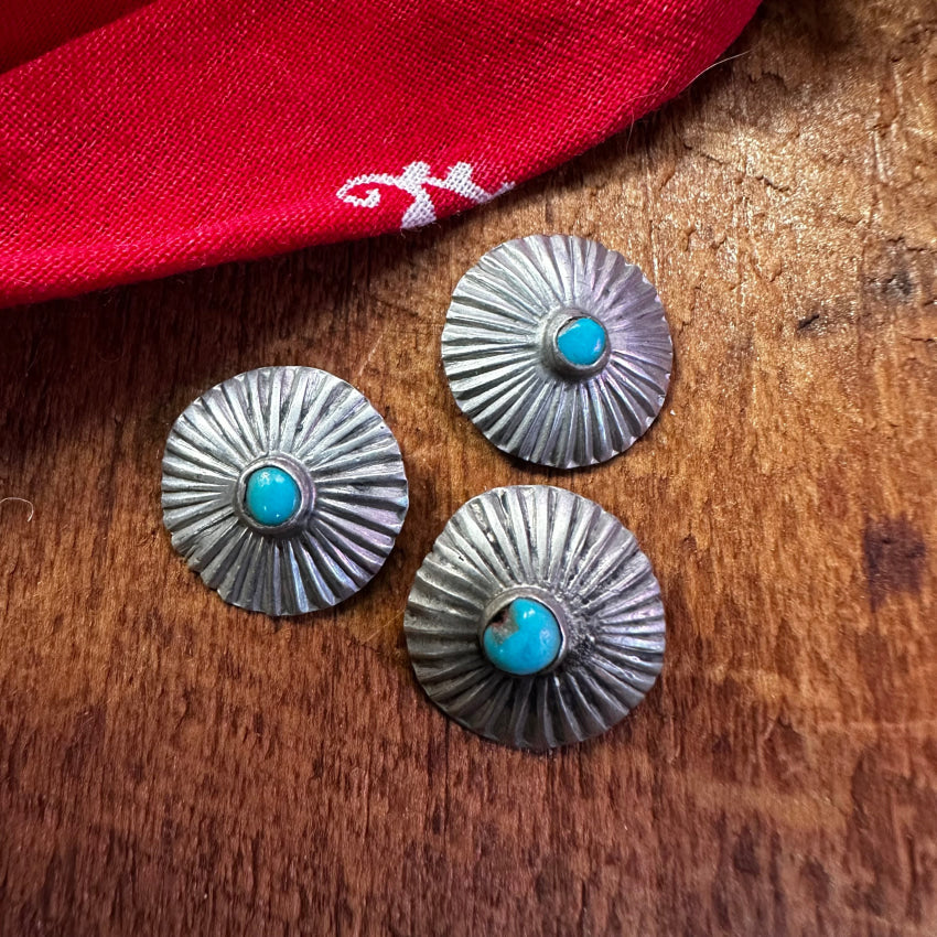 Set Of 3 Small Navajo Sterling Silver & Turquoise Concho Clothing Buttons