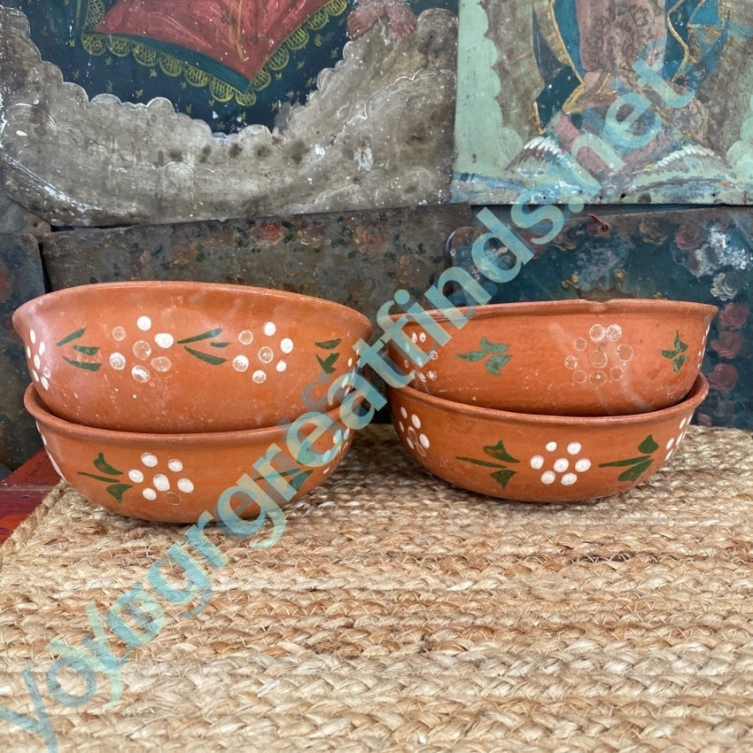 Set of 4 Vintage Mexican Terra Cotta Pottery Bowls Hand Painted Yourgreatfinds