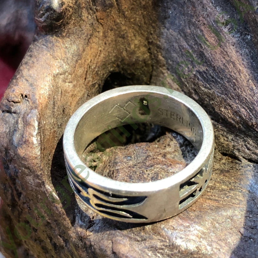 Signed Hopi Sterling Silver Overlay Band Ring Feather 5.5 Ring