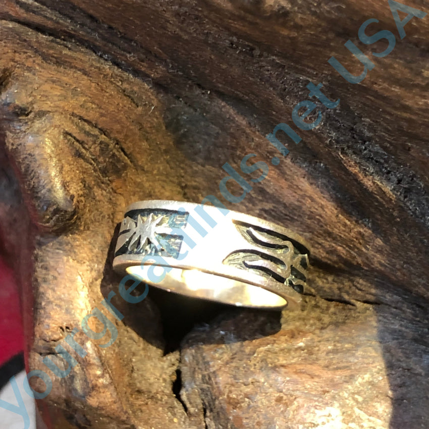 Signed Hopi Sterling Silver Overlay Band Ring Feather 5.5 Ring