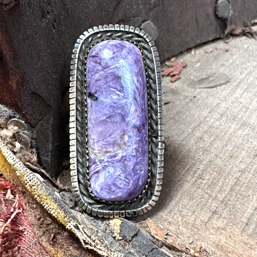 Signed Navajo Purple Charoite Sterling Silver Long Ring Size 9 Ring