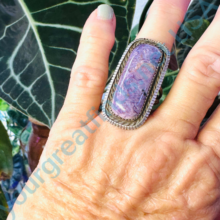 Signed Navajo Purple Charoite Sterling Silver Long Ring Size 9 Ring