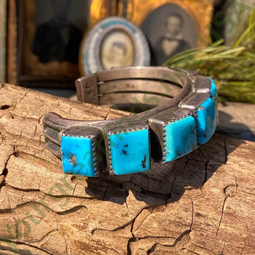 Signed Navajo Rectangular Turquoise Row Bracelet Sterling