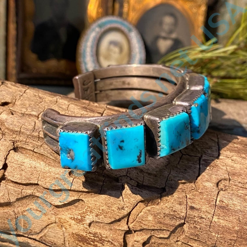 Signed Navajo Rectangular Turquoise Row Bracelet Sterling