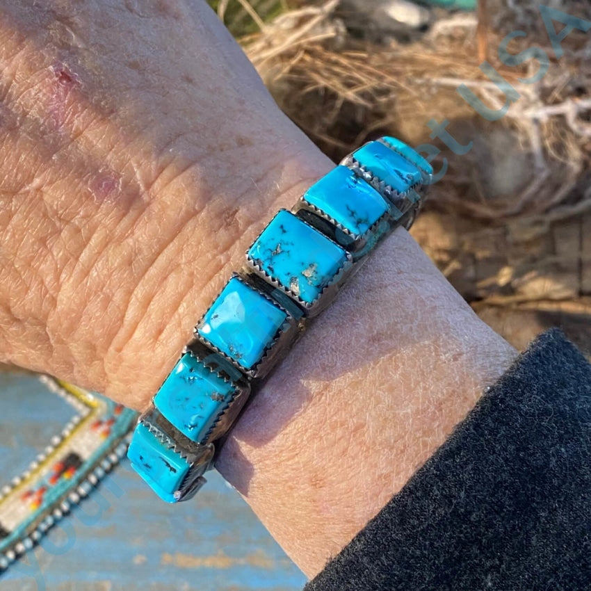 Signed Navajo Rectangular Turquoise Row Bracelet Sterling