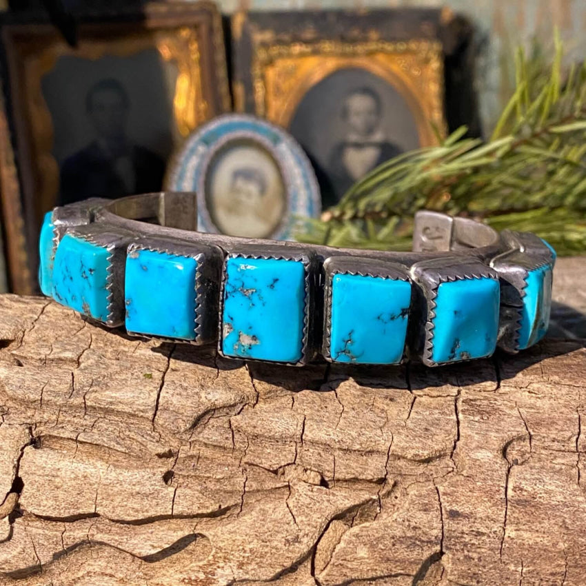 Signed Navajo Rectangular Turquoise Row Bracelet Sterling