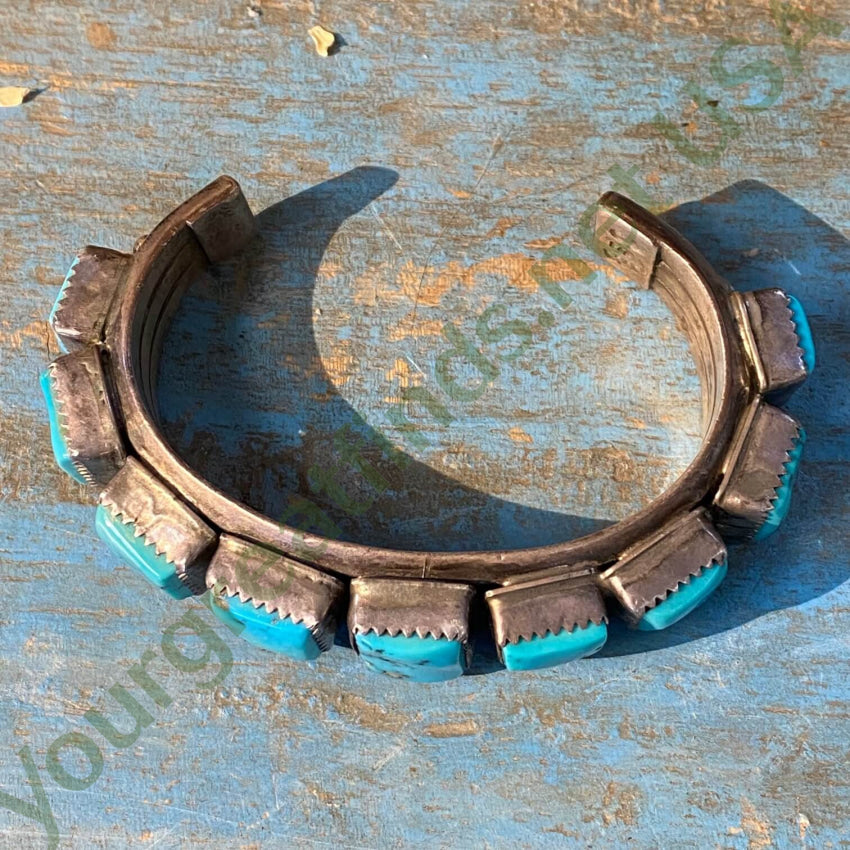 Signed Navajo Rectangular Turquoise Row Bracelet Sterling