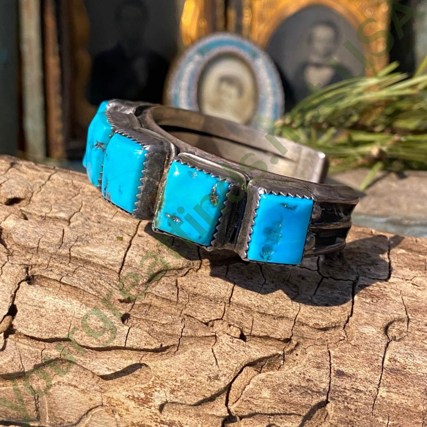 Signed Navajo Rectangular Turquoise Row Bracelet Sterling