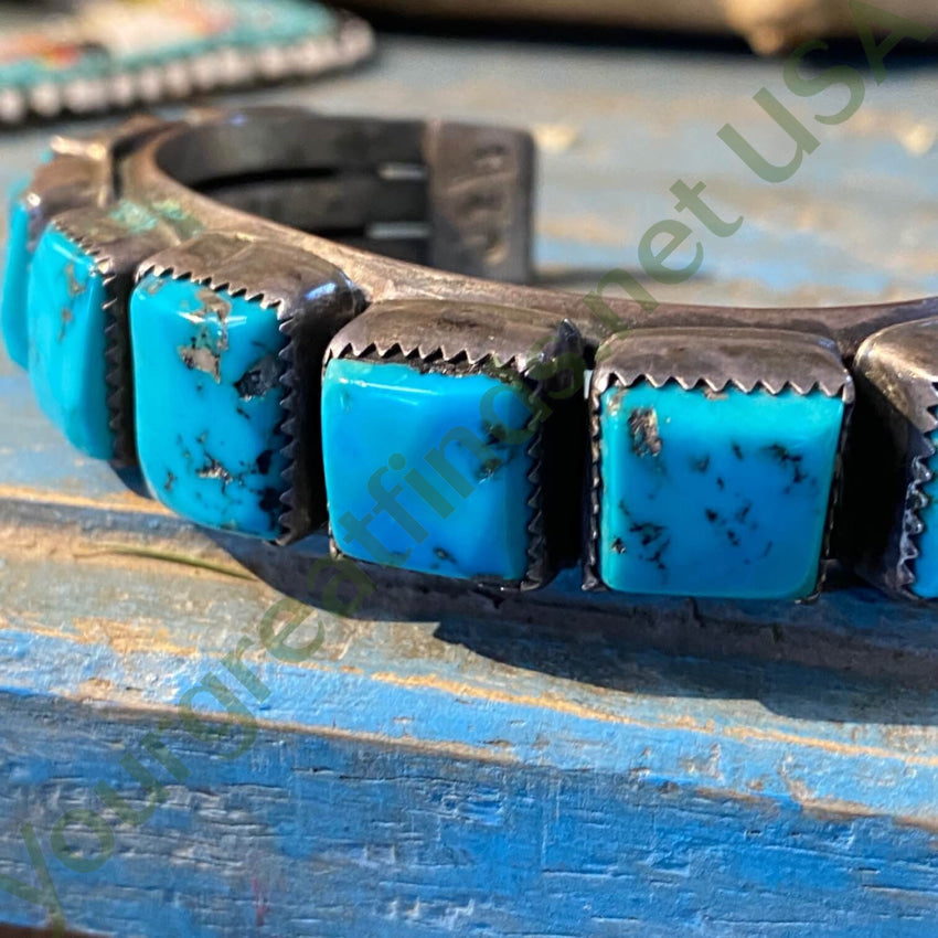 Signed Navajo Rectangular Turquoise Row Bracelet Sterling