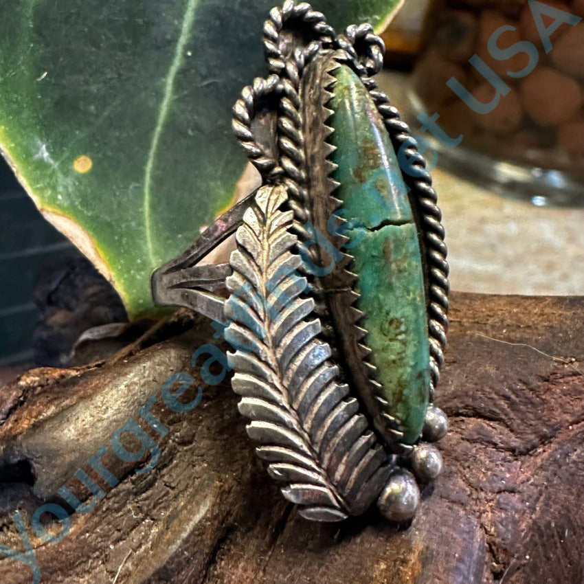 Signed Navajo Sterling Silver 1 Feather Turquoise Ring Size 7