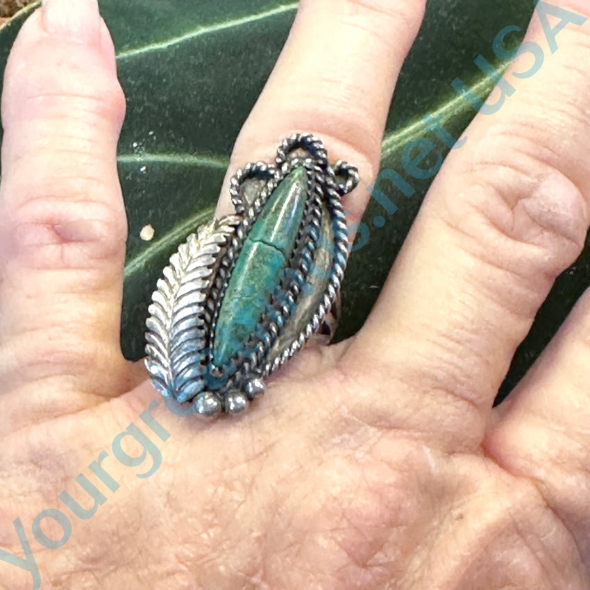 Signed Navajo Sterling Silver 1 Feather Turquoise Ring Size 7