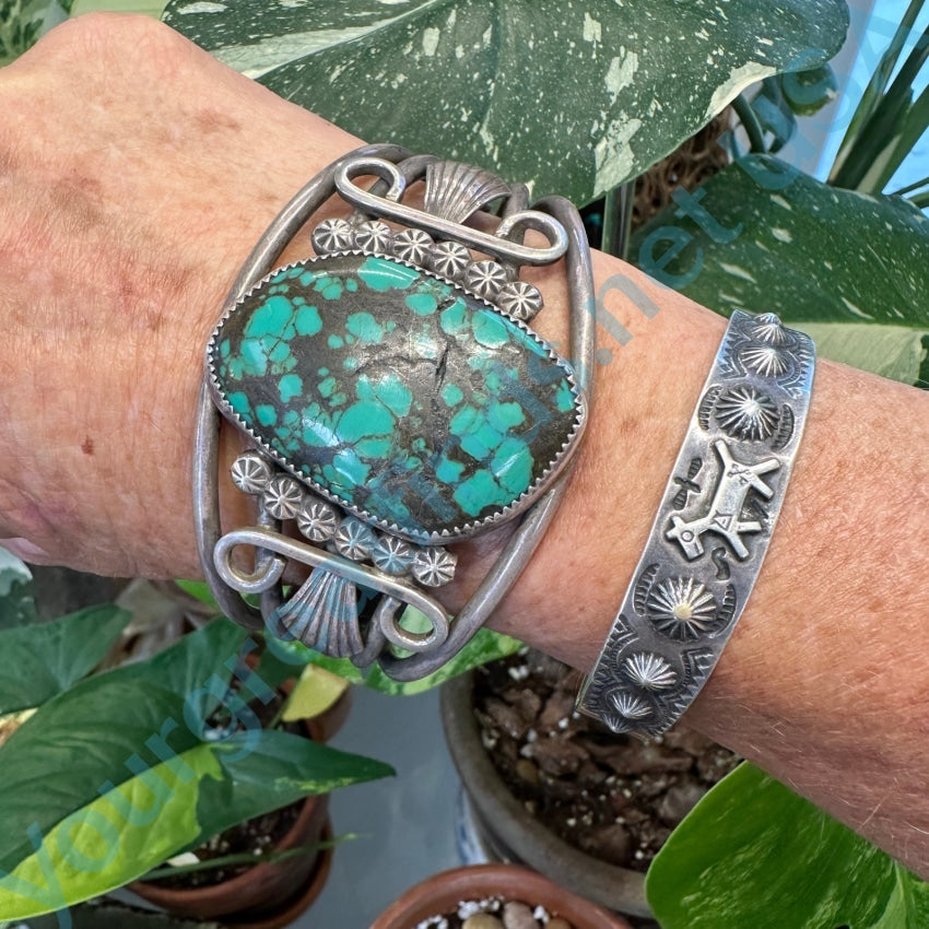 Signed Navajo Sterling Silver Cuff Bracelet Spider Web Turquoise