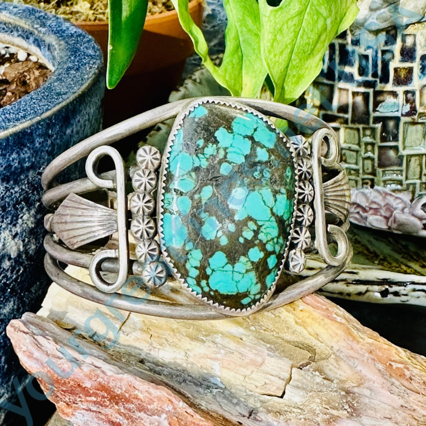 Signed Navajo Sterling Silver Cuff Bracelet Spider Web Turquoise