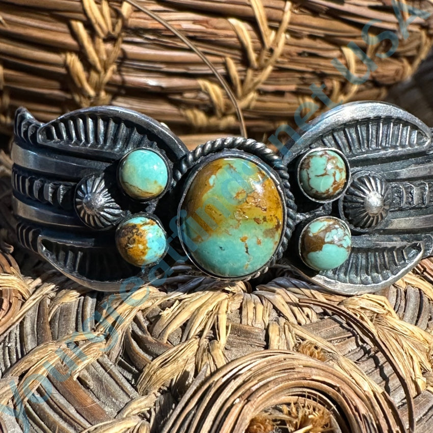 Signed Navajo Sterling Silver Turquoise Cuff Bracelet Old Style