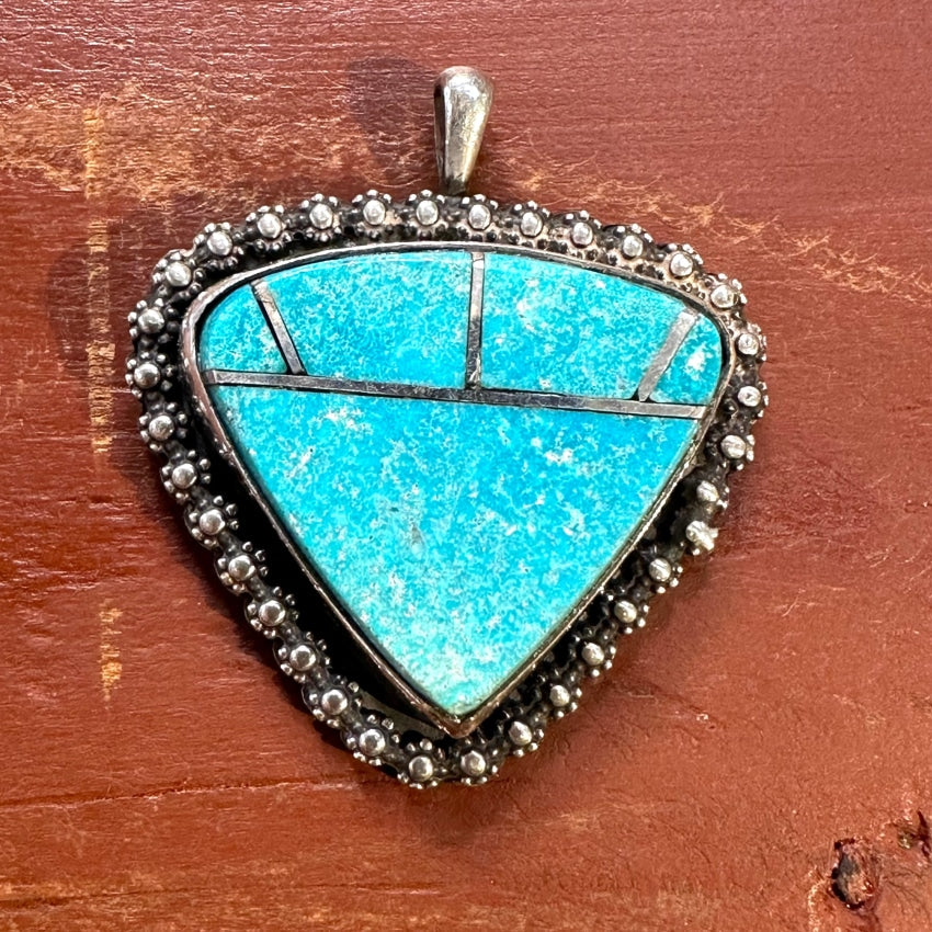 Signed Vintage Navajo Sterling Silver Channel Inlay Turquoise Pendant