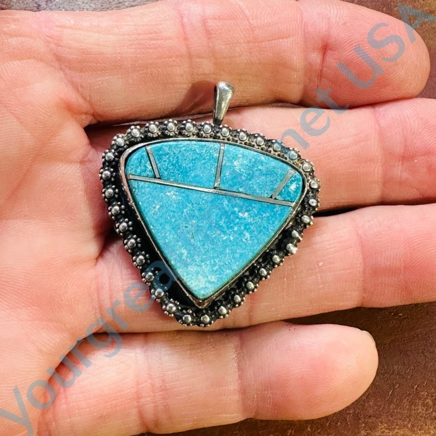 Signed Vintage Navajo Sterling Silver Channel Inlay Turquoise Pendant