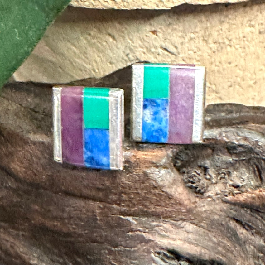 Signed Vintage Sterling Silver Inlay Pierced Earrings