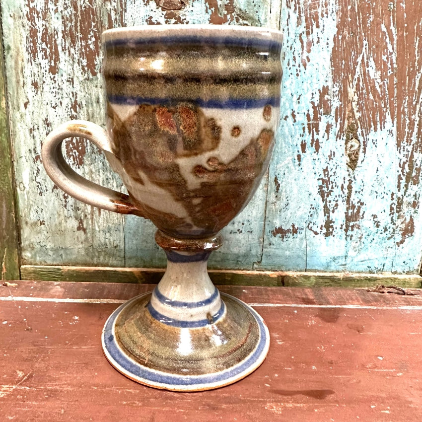 Signed Vintage Studio Stoneware Pottery Handled Goblet