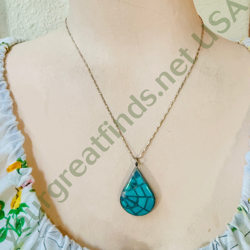 Signed Vintage Zuni Turquoise & Sterling Silver Spider Web Design Necklace necklace