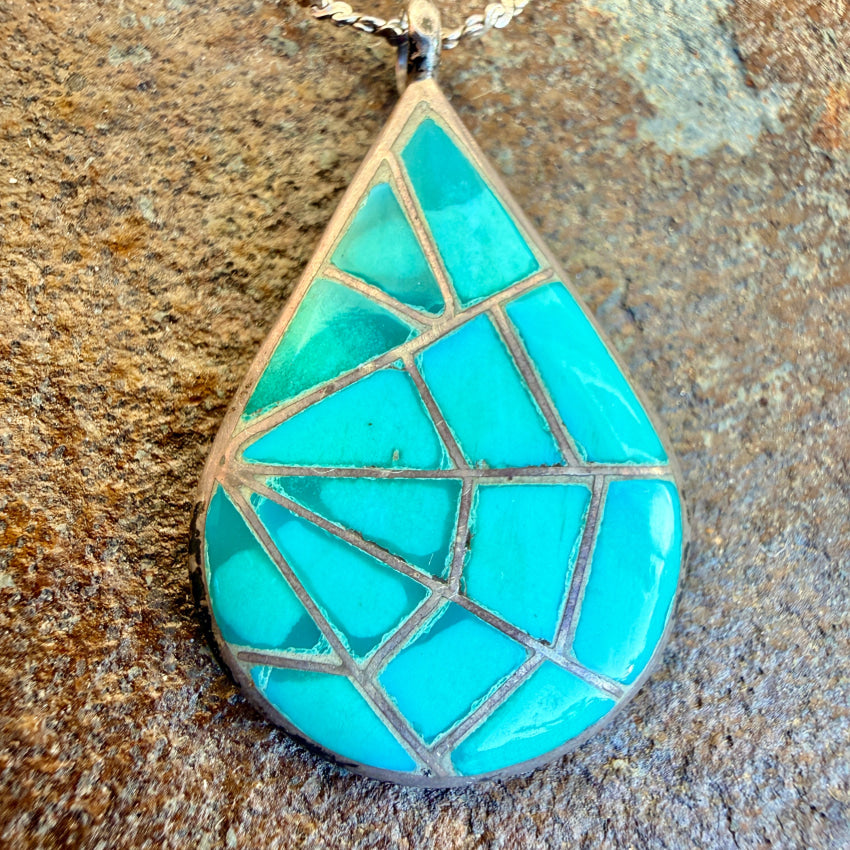 Signed Vintage Zuni Turquoise & Sterling Silver Spider Web Design Necklace necklace