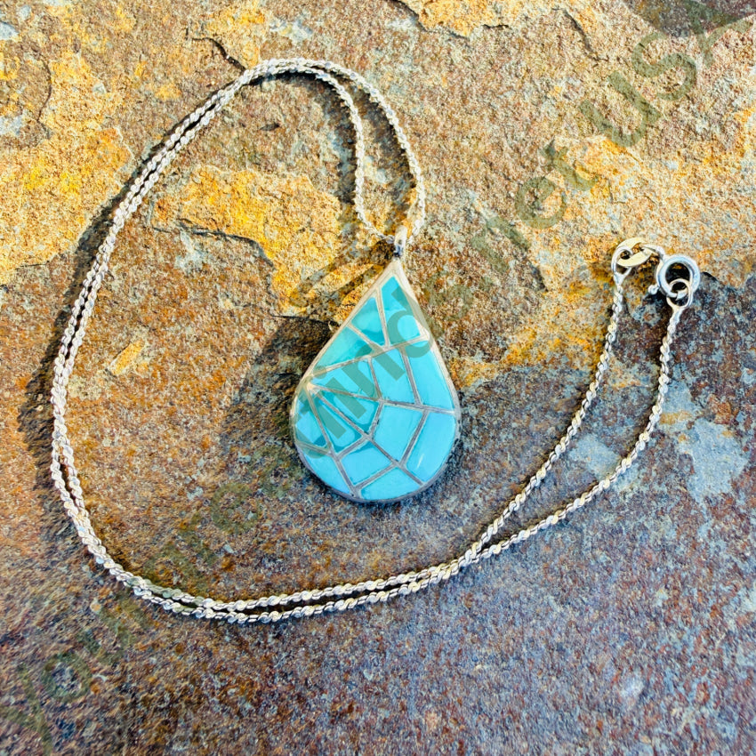 Signed Vintage Zuni Turquoise & Sterling Silver Spider Web Design Necklace necklace