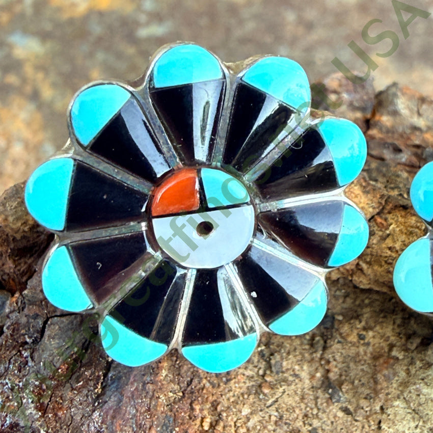 SIgned Zuni Sun God Pierced Post Earrings Inlay Turquoise Jet pierced post earrings